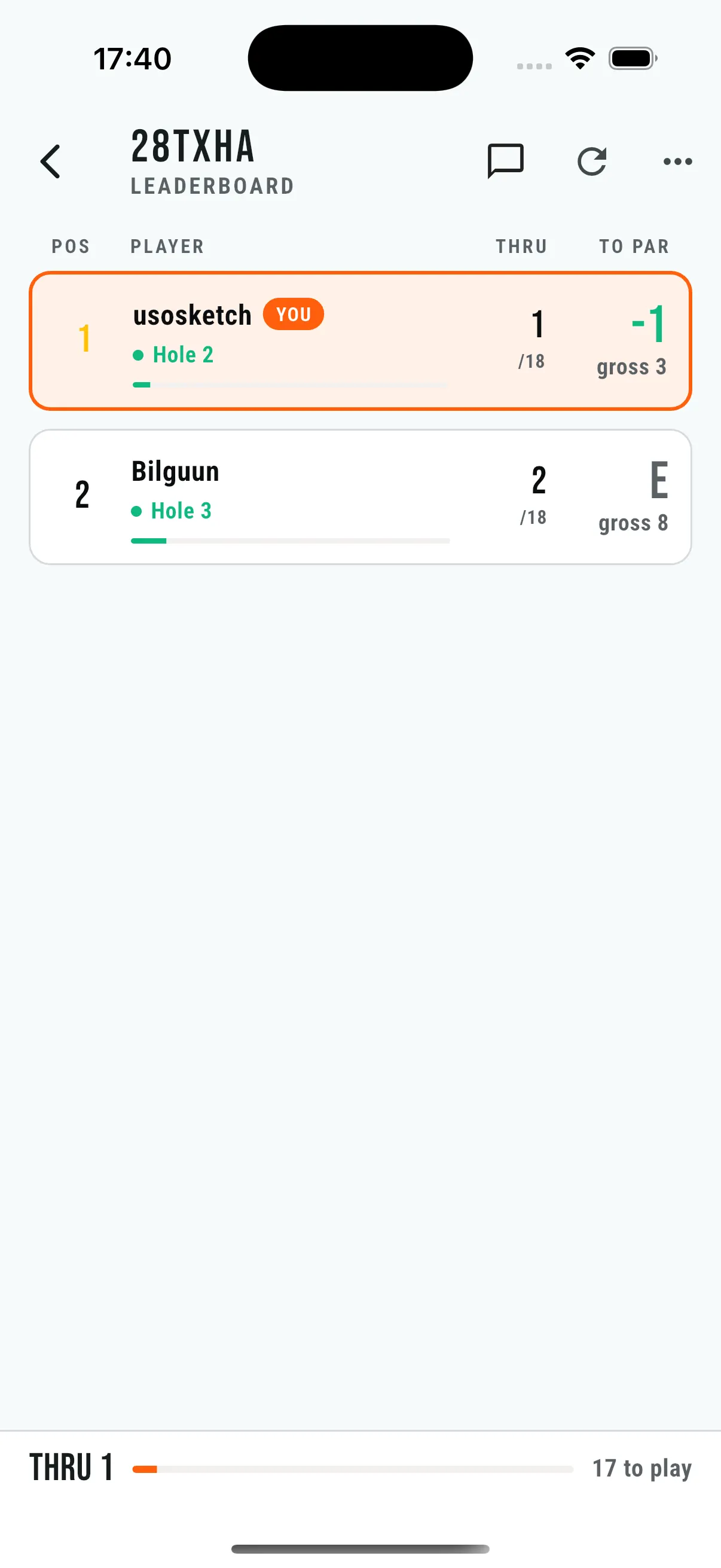 Online play leaderboard after one hole, with you in first place at one under par