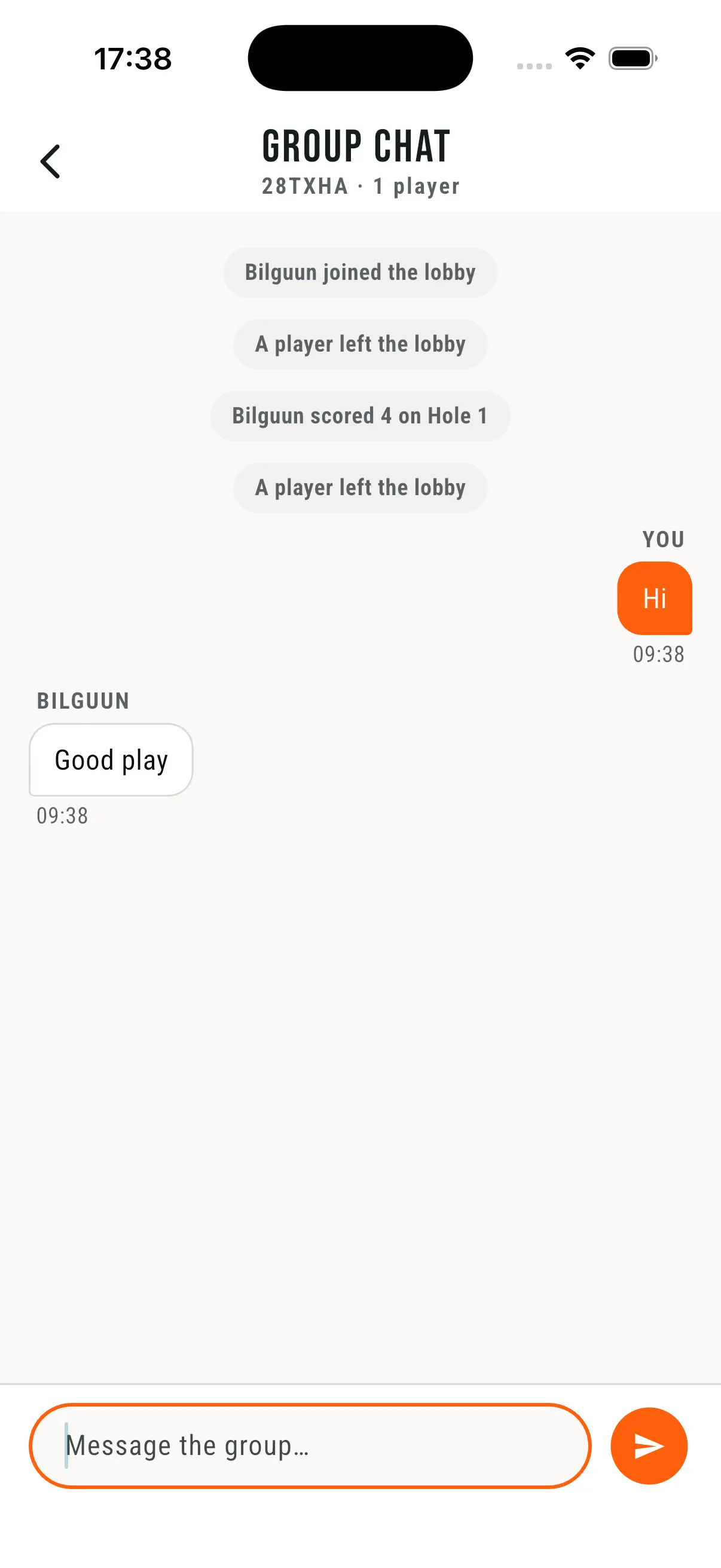 Lobby group chat with join and score updates between messages