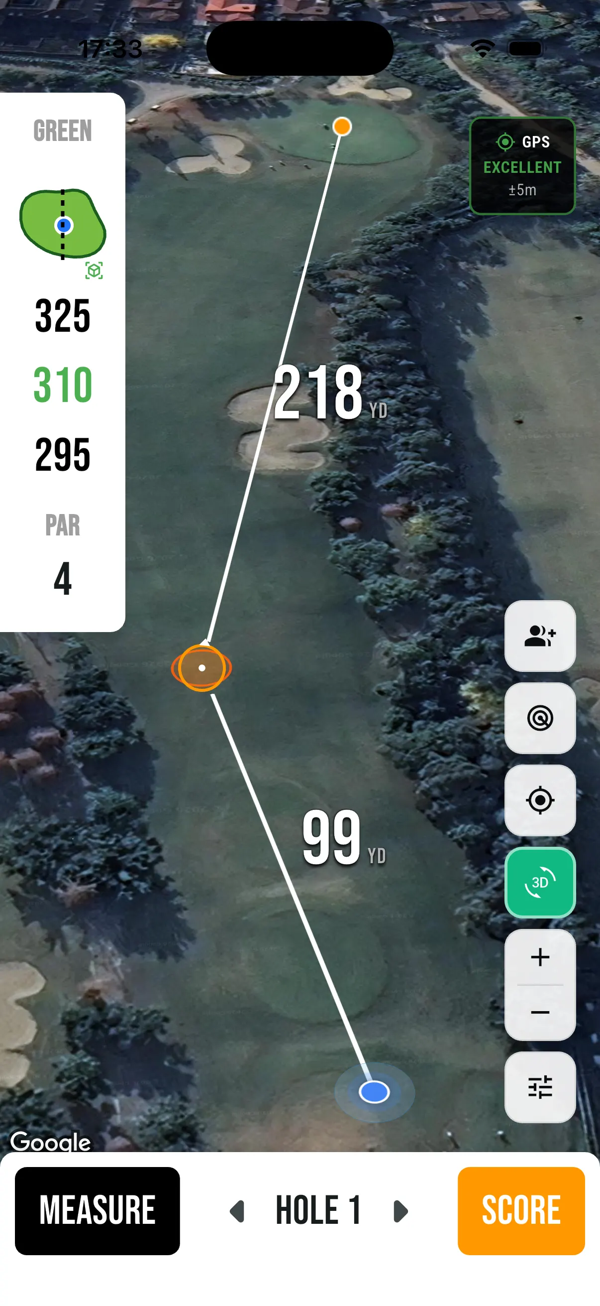 Satellite map of a par 4 tilted in 3D, with distances to the target and from the target to the pin
