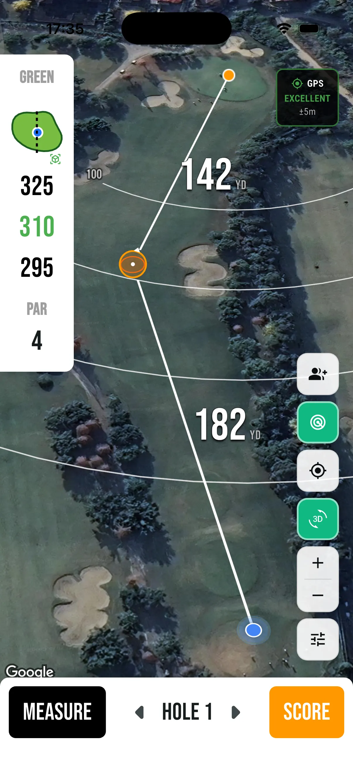 Premium Map: a satellite view of the hole in 3D with distance arcs across the fairway
