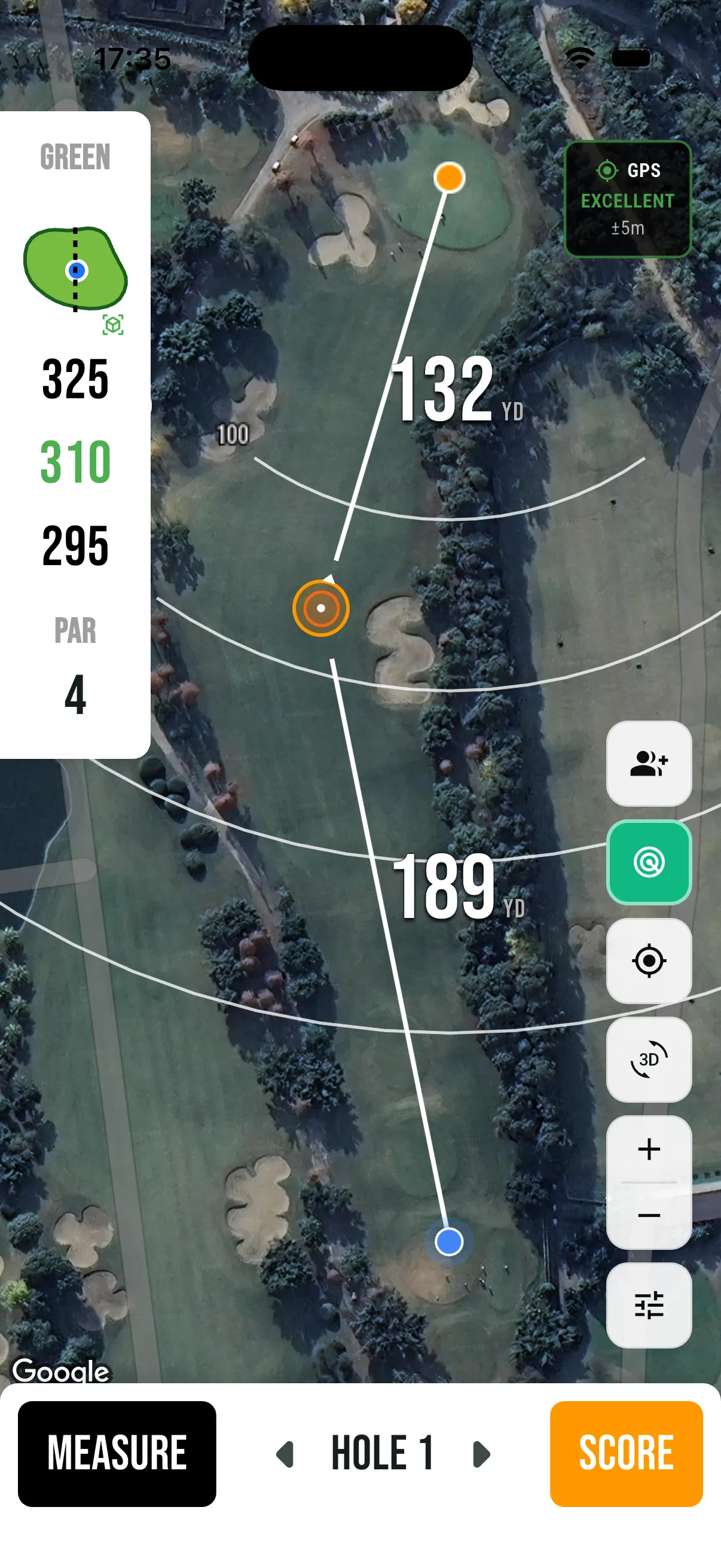 Top-down satellite view of the hole with distance arcs