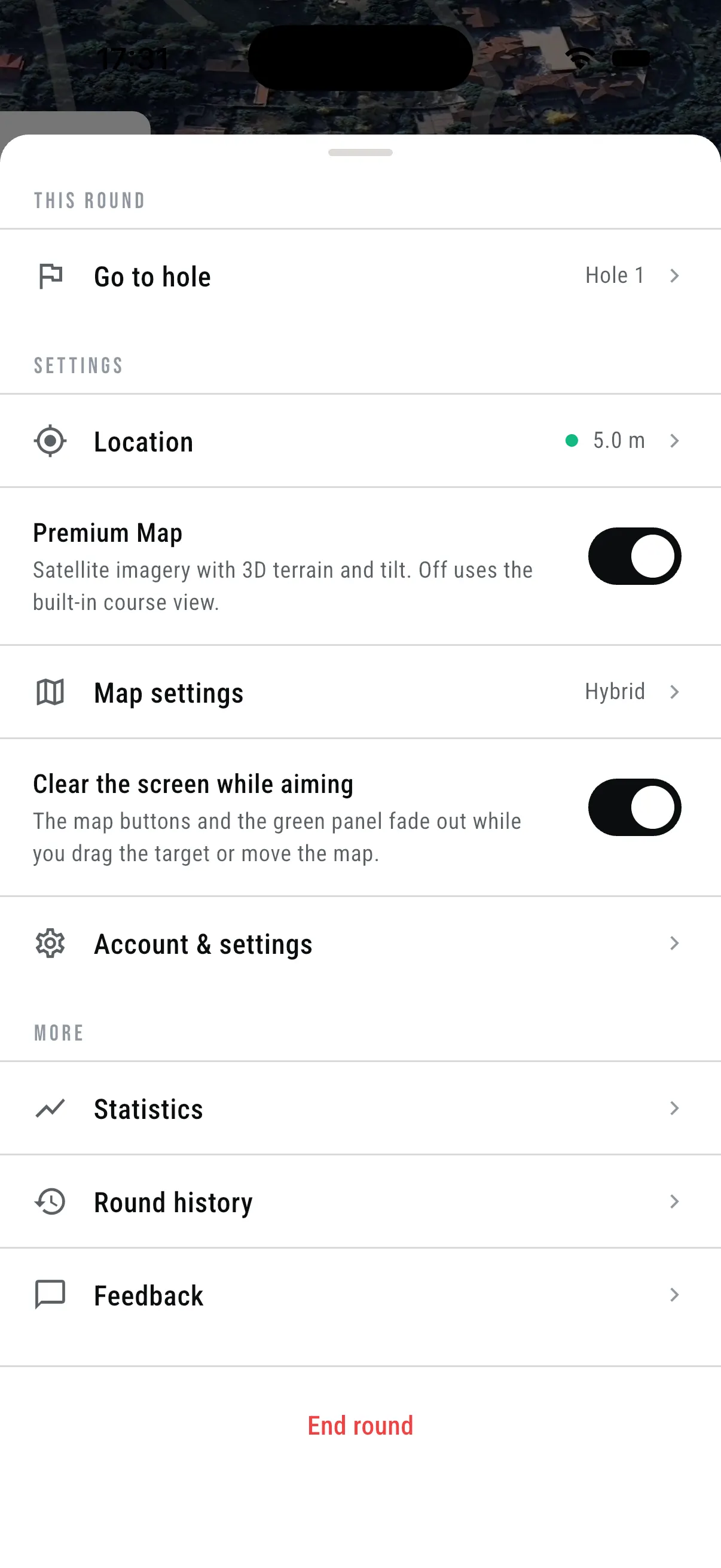 Round menu: go to hole, GPS accuracy, Premium Map, map settings, clear the screen while aiming, and end round