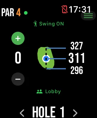 nRange on Apple Watch: hole 1, par 4, with 327, 311 and 296 yards to the back, middle and front of the green and a stroke counter